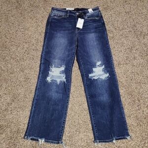 High Rise Dark Wash Judy Blues With Knee Distressing.